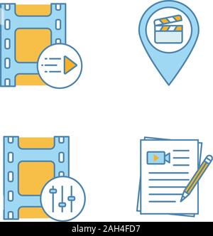 L'industrie du film color icons set. Motion Graphics, film endroits, ingénieur du son, les scripts d'animation. Illustrations vectorielles Illustration de Vecteur