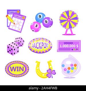 Loto Bingo icon set. Win loterie jackpot badges à horseshoe, tambour, billets de loterie, roue de la fortune, vérifier. Moderne appartement vector illustration Illustration de Vecteur