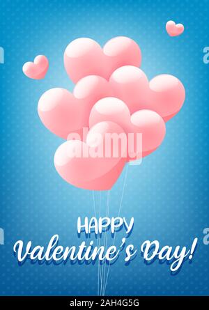 Happy Valentines Day bannière félicitations bleu, carte de vœux, invitation flyer avec ballons en forme de coeur rose, vector illustration. Illustration de Vecteur