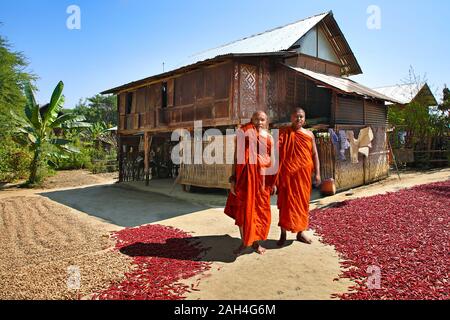 Deux moines en face d'une maison de village avec l'arachide et le séchage de piments dans l'arrière-cour, à Bagan, Myanmar Banque D'Images