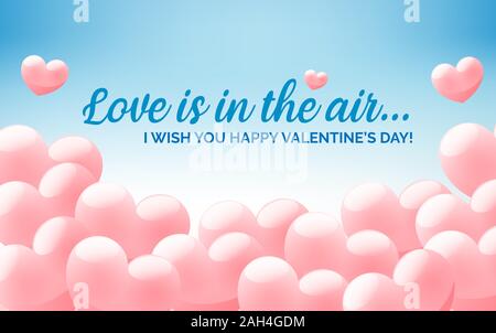 Happy Valentines Day blue bravo bannière avec nuages en forme de coeur, carte de vœux, invitation flyer avec ballons en forme de coeur rose, vector Illustration de Vecteur