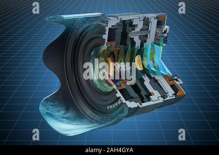 La visualisation de modèles CAO en 3d de l'objectif de l'appareil photo en coupe, longueur focale fixe. Le rendu 3D Banque D'Images