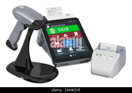 Caisse enregistreuse en ligne, l'imprimante de reçus, lecteur de code-barres avec POS-terminal, 3D Rendering isolé sur fond blanc Banque D'Images
