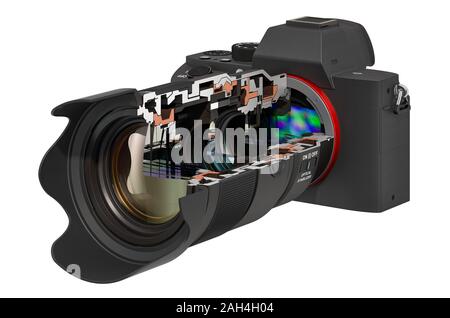 De coupe mirrorless appareil photo numérique avec objectif zoom, rendu 3D isolé sur fond blanc Banque D'Images