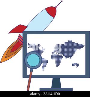 Fusée Spatiale et ordinateur avec loupe Illustration de Vecteur
