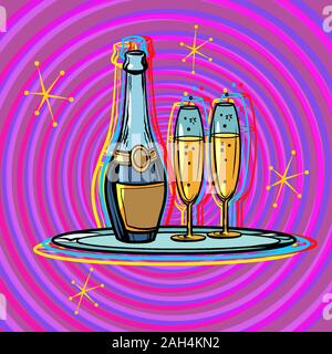 Une bouteille de champagne avec des verres sur un plateau Celebration Illustration de Vecteur