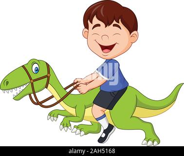 Cartoon little boy riding un dinosaure Illustration de Vecteur