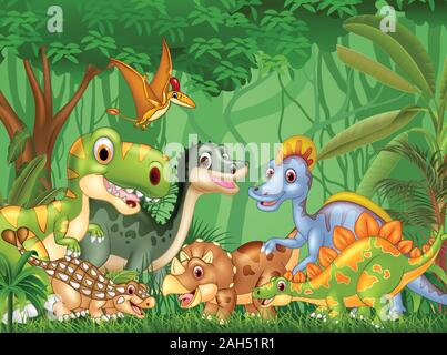 Cartoon happy dinosaures vivant dans la jungle Illustration de Vecteur