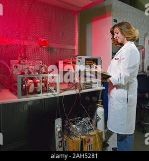 (27 juin 1991) --- technicien JSC Tacey Prewitt vérifie les progrès sur un bioréacteur dans l'expérience des sciences de la vie de JSC Bldg 37 Laboratoire Laboratoire de biotechnologie. Matériel similaire est prévue pour l'essai à bord d'Atlantis, Véhicule orbiteur (VO) 104, au cours de la mission STS-44. Banque D'Images