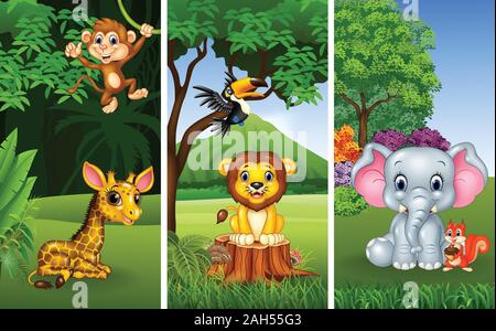 Ensemble de trois animaux sauvages par nature background Illustration de Vecteur