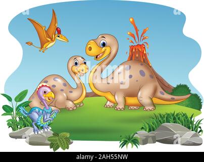 La mère et le bébé de dessin animé dinosaures with nature background Illustration de Vecteur