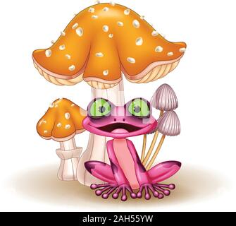 Cartoon funny frog avec champignons Illustration de Vecteur