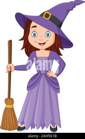 Cartoon petite sorcière balai holding Illustration de Vecteur