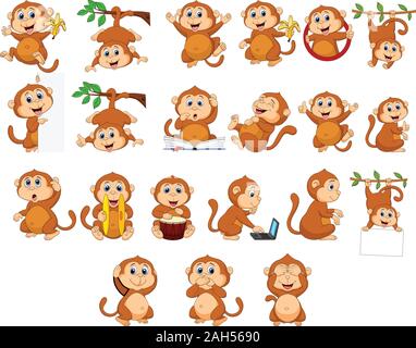 Cartoon happy monkey collection avec différentes actions Illustration de Vecteur