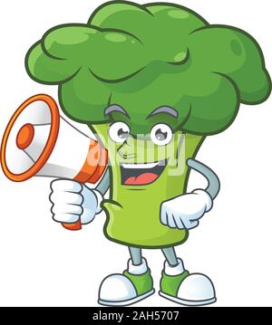 Personnage souriant de brocoli vert avec megaphone Illustration de Vecteur