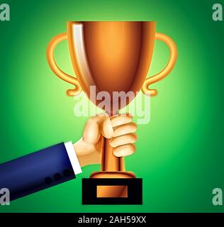 Businessman holding golden cup. Illustration 2d Banque D'Images