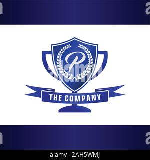 Lettre P 2002 Company Logo Design Template, Trophée bleu bouclier avec la forme et l'élément Bannière Concept Logo, tournoi, ligue, le logo initial Illustration de Vecteur