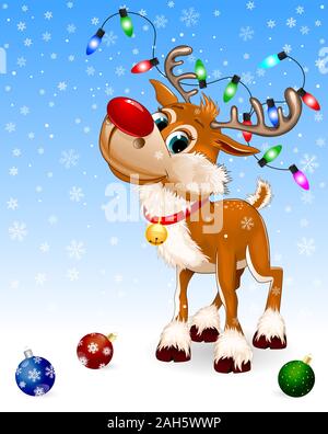 Cute cartoon deer avec un nez rouge et une petite cloche. Décorations de Noël. Fond bleu d'hiver. Les flocons de neige, l'hiver. Carte de vœux. Illustration de Vecteur