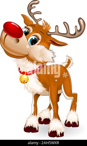 Cute cartoon deer avec un nez rouge et une petite cloche. Arrière-plan blanc. Illustration de Vecteur