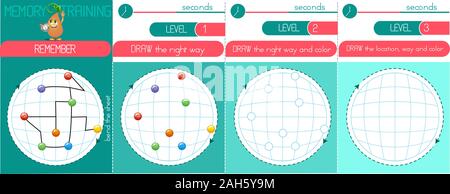 Jeu de mémoire les enfants et adultes. Se souvenir et dessiner la couleur et façon. La formation de la mémoire Illustration de Vecteur