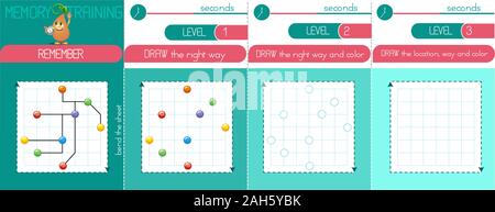 Jeu de mémoire les enfants et adultes. Se souvenir et dessiner la couleur et façon. La formation de la mémoire Illustration de Vecteur