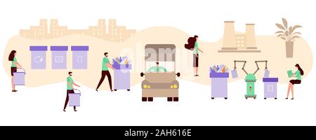 Vector illustration une collecte, le transport, le tri, le recyclage des déchets par les personnes, d'un robot. Tri des déchets concept de gestion. Eco friendl Illustration de Vecteur