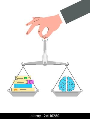 La lecture se développe le cerveau. Concept de scénario télévision. Illustration d'un linéaire conceptuel hand holding balance avec des livres papier et l'icône du cerveau. L'auto Illustration de Vecteur