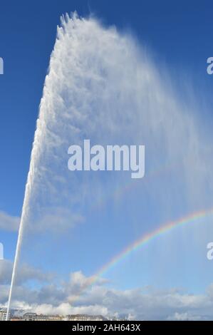 Genève, Suisse. 21 décembre 2019. Jet d'eau (la Fontaine de Genève), l'une des plus hautes eaux du monde. Banque D'Images