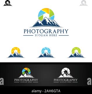 Résumé de l'appareil photo de montagne Photographie Icône Logo Modèle de conception vectorielle Illustration de Vecteur