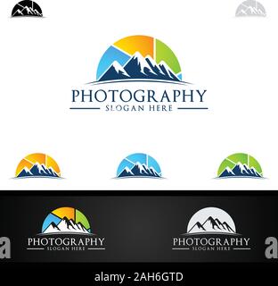 Résumé de l'appareil photo de montagne Photographie Icône Logo Modèle de conception vectorielle Illustration de Vecteur