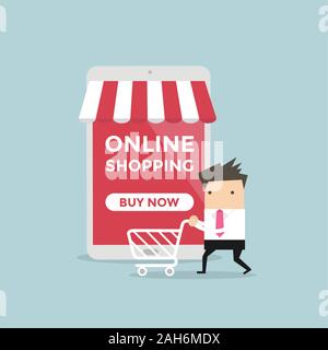 Businessman avec panier à l'avant du magasin en ligne. vector Illustration de Vecteur