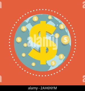 Globe et le symbole du dollar. Télévision illustration de globe et vecteur de pièce d'un dollar. Illustration de Vecteur