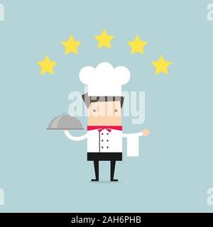 Cuisinier chef holding plaque chauffante avec cinq étoiles. vector Illustration de Vecteur