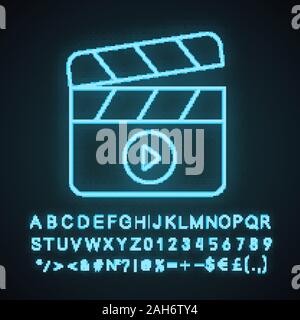 Tournage neon light icône. L'industrie du film. Cocoon. Ardoise de time code. La production vidéo. La cinématographie. Signe éclatant avec l'alphabet, les nombres et symbo Illustration de Vecteur