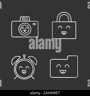 Smiling chalk articles icons set. Caractères. Appareil photo heureux, cadenas, réveil, dossier. Illustrations vectorielles chalkboard Illustration de Vecteur