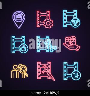 L'industrie du film neon light icons set. Endroits, les paramètres vidéo, enregistrement audio, final cut, film de presse, montage vidéo, ingénieur du son, la recherche sur l'auditoire. Illustration de Vecteur