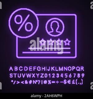 Programme de fidélité client neon light icône. Bon et excellent commentaires pourcentage. Témoignages de clients de l'analyse. Signe éclatant avec l'alphabet, les nombres et s Illustration de Vecteur
