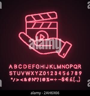 Libération film neon light icône. La production vidéo. La cinématographie. Hand holding cocoon. Directeur de film. Signe éclatant avec l'alphabet, les nombres et sym. Illustration de Vecteur