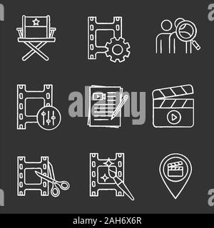 L'industrie du film de la craie icons set. Les paramètres vidéo, director's chair, la recherche sur l'auditoire, ingénieur du son, les scripts d'animation, Meissen, montage vidéo, sites Illustration de Vecteur