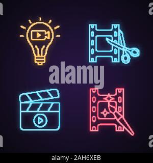 L'industrie du film neon light icons set. Idée de film, vidéo et montage de coupe, le cinéma. Les panneaux lumineux. Vector illustrations isolées Illustration de Vecteur
