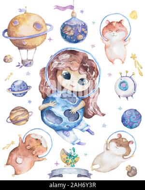 Mignonne fille souriante cheveux bruns fleurs dans la tête prendre la planète bleue dans les mains ensemble de satellites, la planète et drôle hamster Watercolor Set avec des objets d'espace Banque D'Images