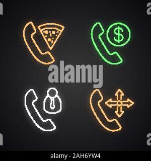 Services de téléphone neon light icons set. Livraison de pizza, service client, les frais de téléphone. Les panneaux lumineux. Vector illustrations isolées Illustration de Vecteur