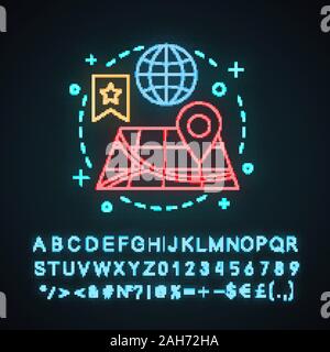 La direction s'neon light concept icône. Idée de navigation GPS. Meilleures destinations de voyage et d'itinéraires. Signe rougeoyant avec alphabet, chiffres et symboles. Illustration de Vecteur