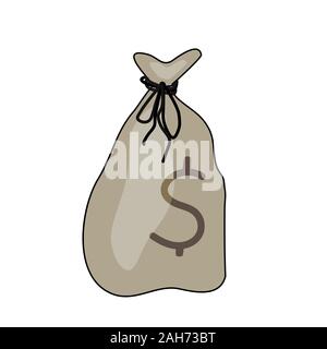 Sac argent isolé sur fond blanc. Sac de l'argent. L'icône de sac d'argent ou d'un logo. Argent marron sac simple caricature illustration thème Finances.Vector Illustration de Vecteur