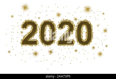 2020, nouvelle année, décennie. Les chiffres en or avec paillettes et étoiles dorées, isolé sur fond blanc. Festive. Banque D'Images
