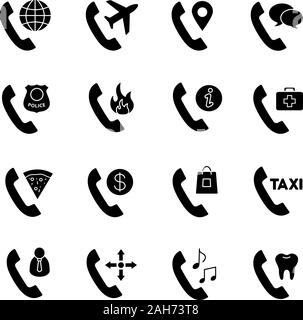 Téléphone services glyph icons set. Les appels de téléphone fixe. D'urgence, la livraison, le support client, l'itinérance, les services de taxi. Le combiné téléphonique. Passer des appels. Illustration de Vecteur