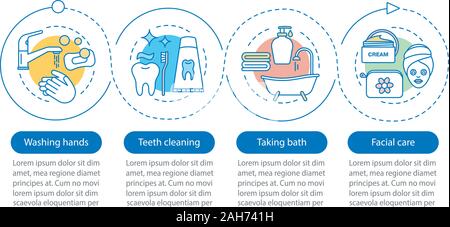 L'hygiène personnelle vector infographic template. Le lavage des mains, le nettoyage des dents, baignoire, soins du visage. La visualisation de données avec quatre étapes et options. Illustration de Vecteur
