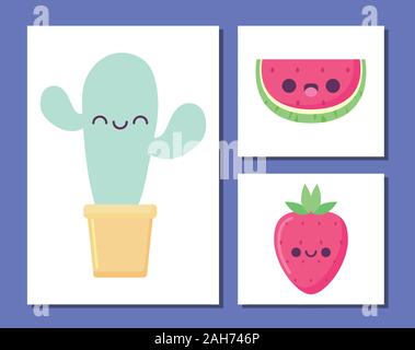 Cactus et caricatures icon set design, expression Kawaii mignon petit personnage drôle et thème d'émoticônes Vector illustration Illustration de Vecteur