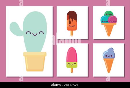 Cactus et caricatures icon set design, expression Kawaii mignon petit personnage drôle et thème d'émoticônes Vector illustration Illustration de Vecteur