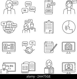 L'apprentissage des langues étrangères icons set linéaire. Club francophone, bien sûr, de l'école. Des compétences linguistiques de base. Fine ligne contour des symboles. J'esquisse vecteur isolé Illustration de Vecteur